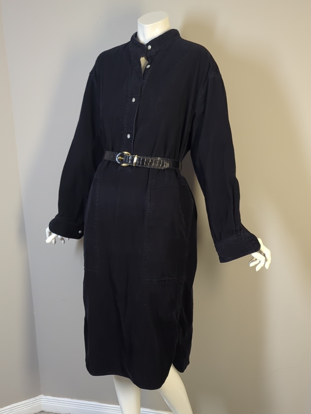Uniqlo Black Corduroy Dress Mandarin-Collar Long Button-Down Xs Cotton